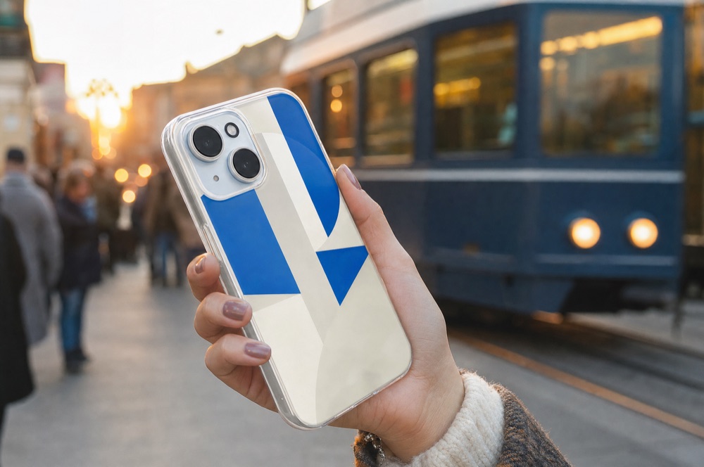 A hand holding a phone in a geometric-printed clear case on a city street