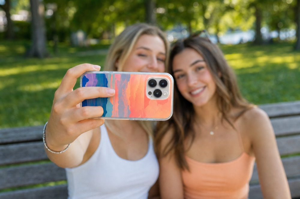Two friends in a park taking a photo with a phone in a sunset-printed clear case